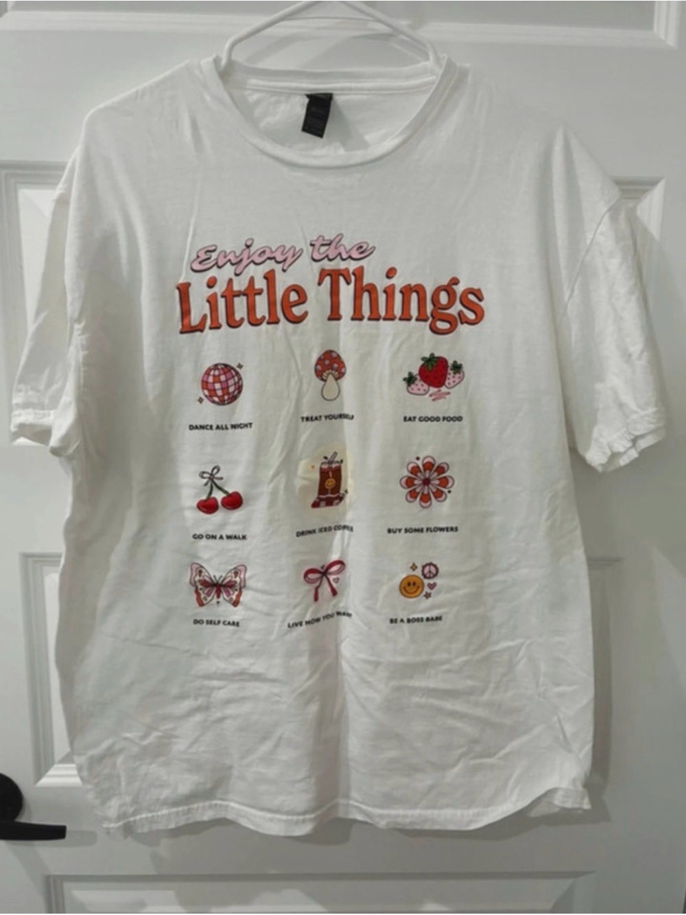 Gildan White "Enjoy the Little Things" Graphic Tee with Red & Pink Accents